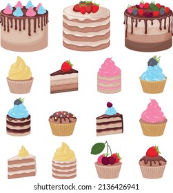 Cakes and pastries. A large set of cakes and cakes decorated with whipped cream, sweet creams and berries. Vector illustration