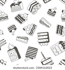 Cakes and pastries seamless pattern doodle style. Hand drawn background with pieces of cake, berry pie, biscuit. Festive print for wrapping paper, pastry shop, sweet shop and small business. Vector