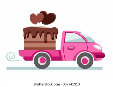 Pasteles, bollería, envío, imagen vectorial. Un pequeño camión rosado lleva un pastel de chocolate con dos corazones de chocolate. Ilustración plana en color sobre fondo blanco. Vector. 