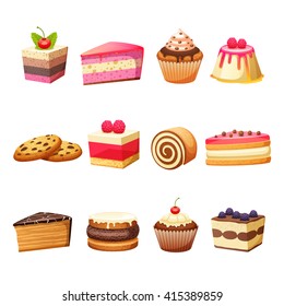 Cakes pastry and sweet desserts set isolated vector illustration