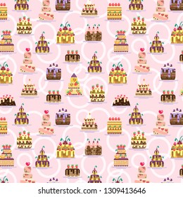 Cakes pattern on the pink background. Cute flat vector illustration with different pies.