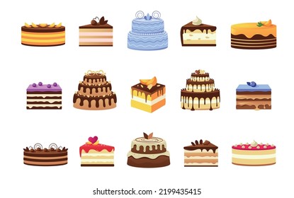 Cakes and pieces. Colorful sweet dessert slices and whole cakes with cream glaze fruits and biscuits, holiday and celebration bakery. Vector pastry collection. Isolated delicious cakes with icing