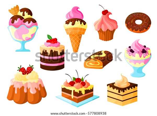 Cakes, pies and desserts vector icons of\
fruit cupcake and chocolate glaze, ice cream, tart and donut, roll\
bun and pudding. Isolated set for bakery shop, pastry and\
patisserie or\
confectionery.