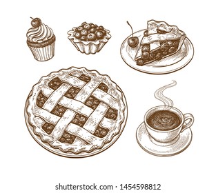 Cakes and pies with fresh berries. Ink sketch isolated on white background. Hand drawn vector illustration. Retro style.