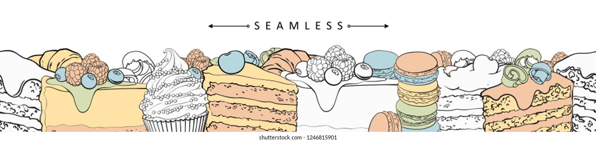 Cakes and pies horizontal seamless border pattern in sketch style - vector illustration of beautiful frame with hand drawn bakery product with fruits and berries. Tender footer with baked desserts.