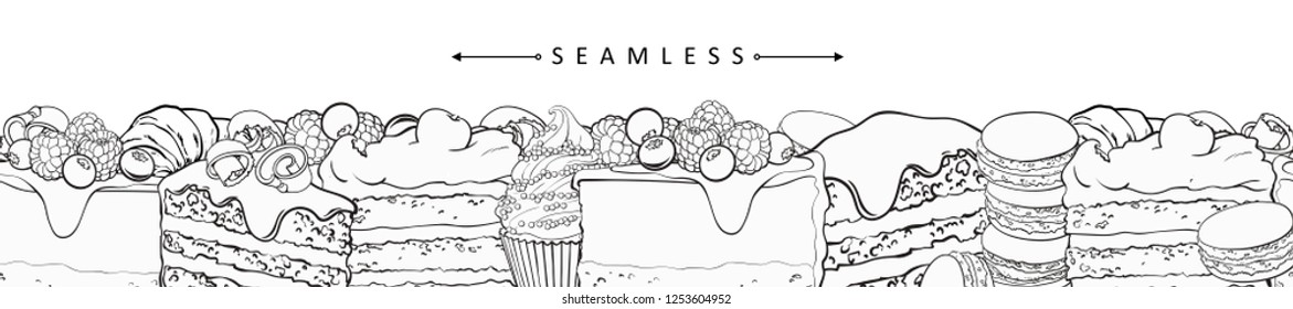 Cakes and pies horizontal seamless border pattern in line sketch style - frame with confectionery product with fruits and berries, vector illustration of hand drawn footer with sweet desserts.
