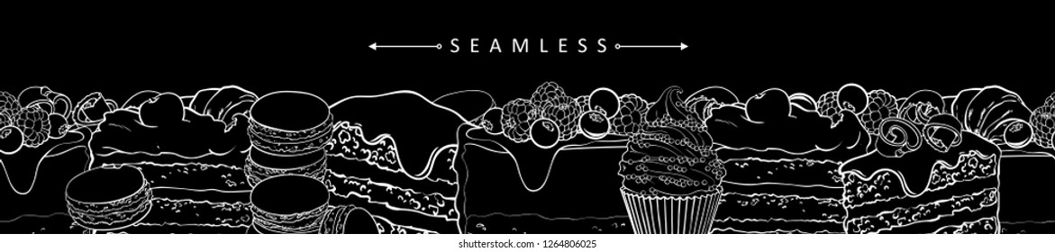 Cakes and pies horizontal seamless border pattern in sketch style - frame with white outline confectionery product with fruits and berries on black background, vector illustration of sweet desserts.