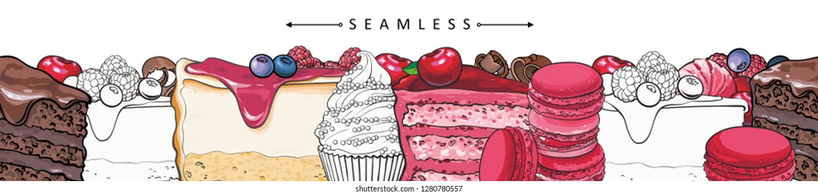 Cakes and pies horizontal seamless border pattern in sketch style. Frame with confectionery product with fruits and berries - vector illustration of hand drawn footer with sweet desserts.