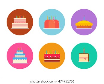 Cakes and pies vector set isolated from the background in a flat style. Colorful Icons of Wedding cakes and birthday chocolate and fruit. Bakeries and confectionery products.