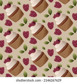 Cakes with raspberries and leaves seamless pattern with light background. Vector image of cupcakes, muffins. Illustration for packaging, wrapping paper, confectionery, gifts, textile.