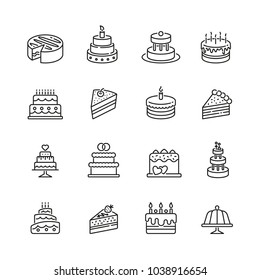 Cakes related icons: thin vector icon set, black and white kit