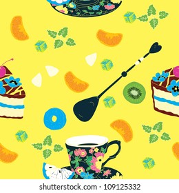 Cakes Seamless Pattern with Coffee Cup, Flowers,  Oranges, Kiwi and Pineapple