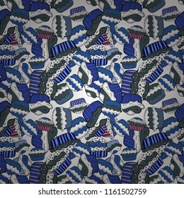 Cakes seamless pattern collection. On blue, white and black. Of different types of beautiful modern cakes, such as chocolate cake. Vector illustration.