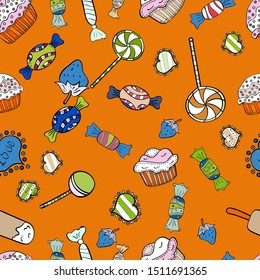 Cakes seamless pattern collection. On orange, black and white. Of different types of beautiful modern cakes, such as chocolate cake. Vector illustration.