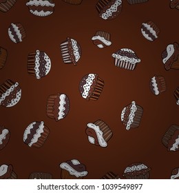 Cakes seamless pattern collection. Vector illustration. Of different types of beautiful modern cakes, such as chocolate cake. On brown, white and black.