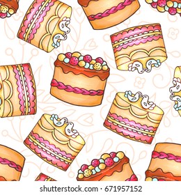Cakes seamless pattern illustration. Pastry and bakery background. Vector design for baker shop, cafe.