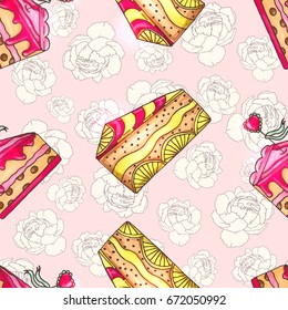 Cakes seamless pattern illustration with peony flowers. Pastry and bakery background. Vector design for baker shop, cafe.