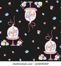 Cakes seamless pattern. Macaroons. Fine tasty sweets treats. Vector template for printing on textiles, paper, packaging, wallpaper.