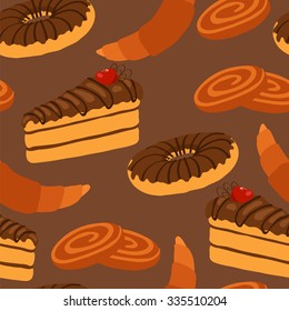 Cakes seamless pattern on brown  background