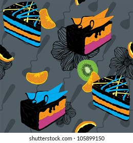 Cakes Seamless Pattern With Spoon Kiwi and Orange