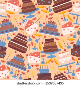 Cakes seamless pattern, vector illustration. Icons of birthday and wedding cake in flat style, sweet chocolate dessert. Wrapping paper design for festive pastry packaging, bakery decorative background