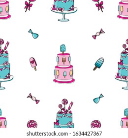 Cakes seamless pattern. Vector illustration. Sweets. Ice cream