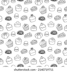 Cakes seamless pattern vector illustration, hand drawing doodles