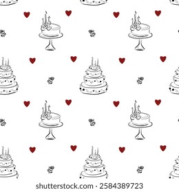 Cakes Seamless Pattern, Wedding cakes, birthday cakes doodle pattern, hearts