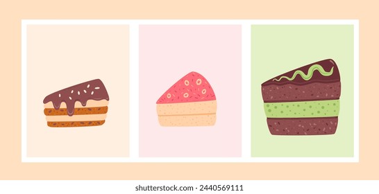 Cakes set banners. Sweet bakery piece. Pastry dessert with cream. Vector pie flat illustration