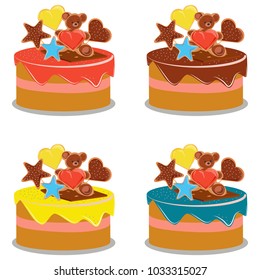 cakes set, blue cake, red cake, chocolate cake, yellow cake decorated with sweets, on white background