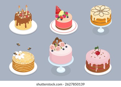 Cakes set. Cake collection for birthday party, wedding, anniversary and holiday celebration. Isometric flat illustration yummy dessert.