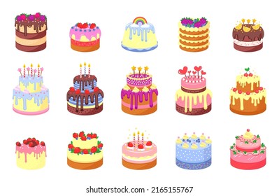 Cakes set. Collection of colorful birthday or wedding cakes with chocolate, cream and fruits isolated on white background. Festive confectionary for holiday event or party. Flat vector illustration