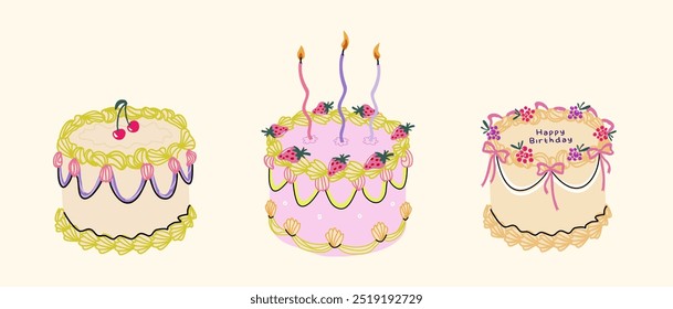 Cakes set with curved candles in coquett trendy style. Flat cute vector elements isolated on white background