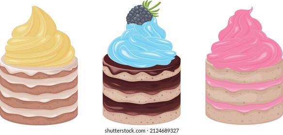 Cakes. Set of different cakes, round shape. Cakes decorated with various creams. A collection of sweet desserts. Vector illustration