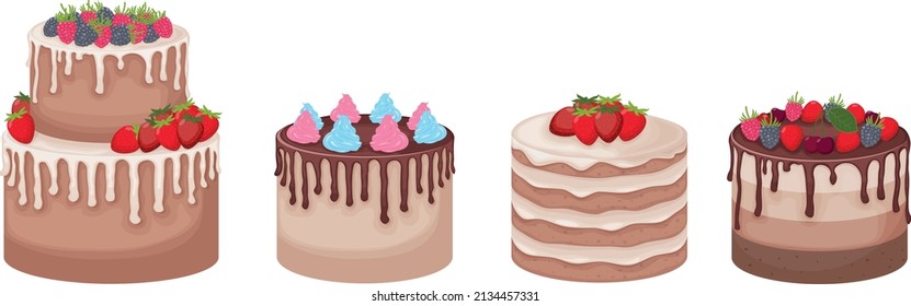 Cakes. A set of cakes of different sizes and shapes, decorated with berries, chocolate and whipped cream. Sweet dessert. Vector illustration