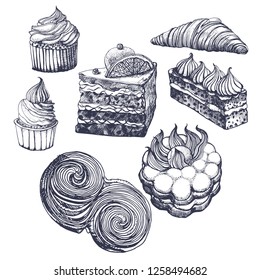 cakes set, hand drawing, vector illustration isolated on white background