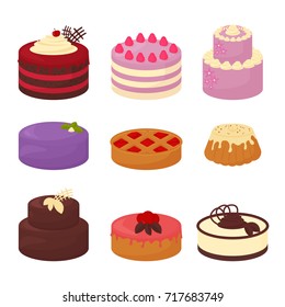 Cakes set icons in cartoon flat style. Vector illustration collection of bright colorful cakes with chocolate and cream, pie and bun on white background.