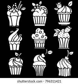 Cakes set. Isolated on black background. Hand drawn