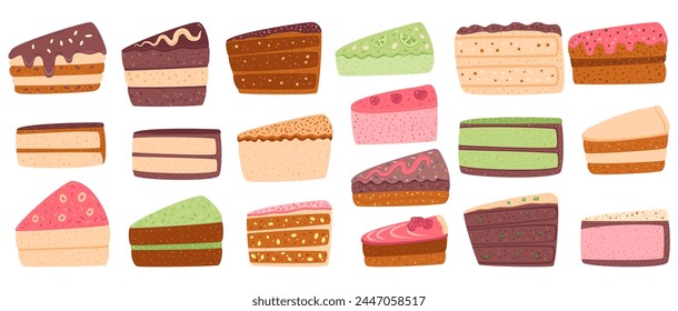 Cakes set isolated on white background. Sweet bakery pieces collection. Pastry dessert with cream. Vector pie flat illustration.