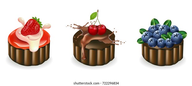 Cakes set on a white background. Summer delicious desserts
