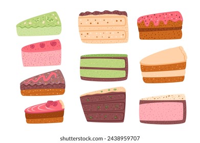 Cakes set. Sweet bakery piece. Pastry dessert with cream. Vector pie flat illustration isolated on white background.