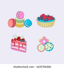 Cakes set, sweet dessetrts, baked cakes made of cream, biscuit, chocolate and berries vector Illustrations on a white background. ake macaron and slice of cake.