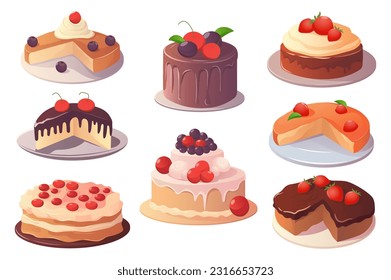 Cakes set. This is an illustration of a set of flat, cartoon cakes designed in a playful and creative way. Vector illustration.
