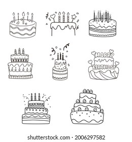 Cakes set, vector hand drawn doodle illustration.