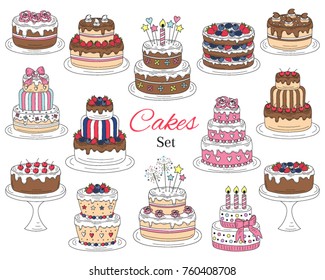 Cakes set, vector hand drawn, colorful doodle illustration. Different types of tasty cakes.  Birthday, wedding, cherry, strawberry and chocolate cakes collection, isolated on white