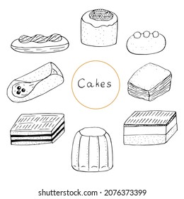 Cakes set vector illustration, hand drawing sketch