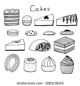 Cakes set vector illustration, hand drawing sketch