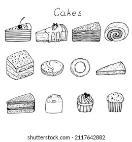 Cakes set vector illustration, hand drawing doodles