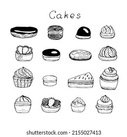 Cakes set vector illustration, hand drawing sketch