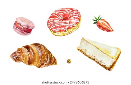 Cakes set watercolor. Donut, croissant, macaron, cheesecake. Vector illustration. Cafe, bakery, confectionery menu design, cards, invitations, banners